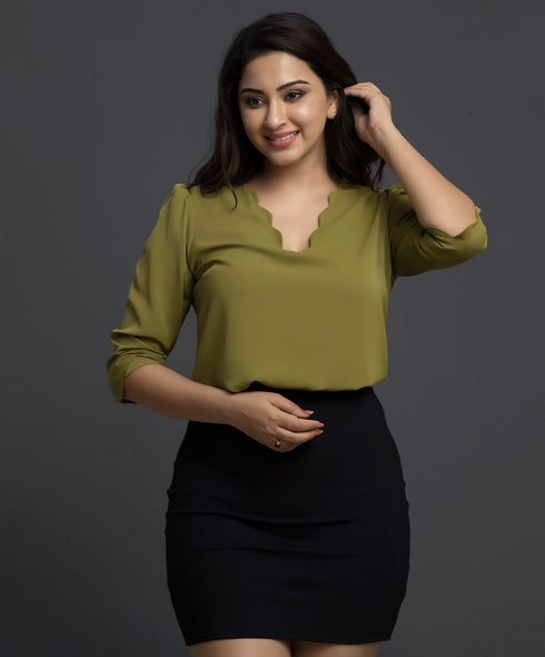 Scallop Trim Puff Sleeve Top-Green